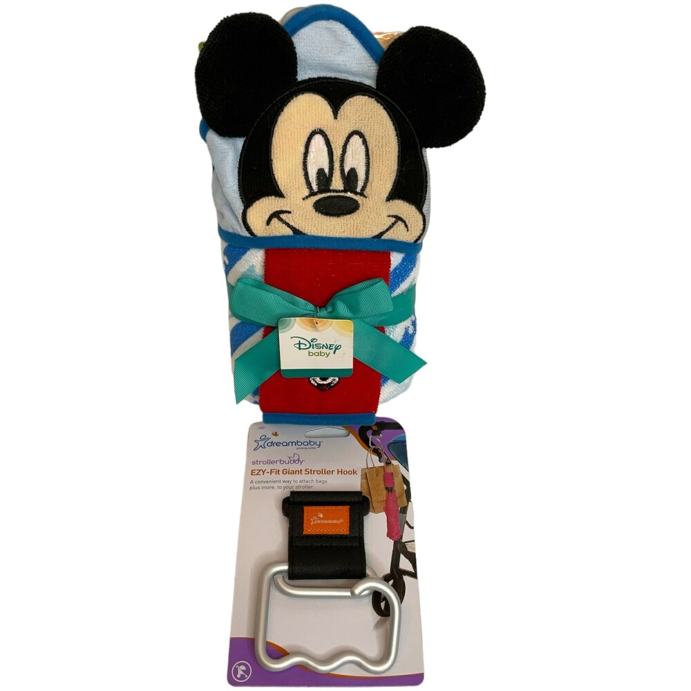 Disney Baby Mickey Mouse Hooded Towel Washcloth w/Dreambaby EZ Fit Stroller Hook